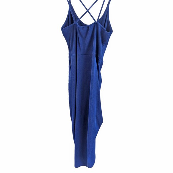NWOT Royal Blue S Midi Dress Cross Back Spaghetti Strap Ruched Side Slit Bodycon - Picture 5 of 6